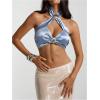 image:imageMakeMeChic Womens Satin Cut Out Halter Top Shell Criss Cross Tie Back Elegant Summer Crop TopsBlue