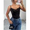 image:imageMakeMeChic Womens Satin Silk Lace Camisole Top Draped Front Spaghetti Strap Sleeveless Cami TopBlack