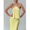 image:imageMakeMeChic Womens Sequin Sparkly Halter Crop Tops Tie Backless Fitted Tank ClubwearYellow