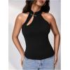 image:imageMakeMeChic Womens Sleeveless Halter Tops Mock Neck Metal Buckle Cheongsam TopsBlack