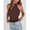image:imageMakeMeChic Womens Sleeveless Halter Tops Mock Neck Metal Buckle Cheongsam TopsCoffee Brown