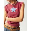 image:imageMakeMeChic Womens Star Print Tank Top Crew Neck Sleeveless Rib Knitted Summer ShirtRedwood