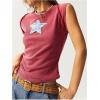 image:imageMakeMeChic Womens Star Print Tank Top Crew Neck Sleeveless Rib Knitted Summer ShirtRedwood