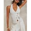 image:imageMakeMeChic Womens Striped Halter Crop Top Wrap Button Down Backless Summer Vest Tank TopsBeige