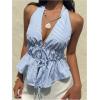 image:imageMakeMeChic Womens Striped Halter Tops Bow Tie Front Backless Ruffle Summer TankBlue and White
