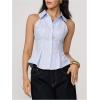image:imageMakeMeChic Womens Striped Print Blouse Top Ruffle Hem Notched V Neck Causal Sleeveless Button Down ShirtsBlue