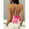image:imageMakeMeChic Womens Summer Beach Floral Print Halter Top Ruffle Asymmetrical Hem Tie Back Crop TopsPink