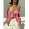 image:imageMakeMeChic Womens Summer Beach Floral Print Halter Top Ruffle Asymmetrical Hem Tie Back Crop TopsPink
