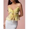 image:imageMakeMeChic Womens V Neck Mesh Cami Top Bow Tie Front Spaghetti Strap Frill Trim Ruffle Hem Camisole TopsYellow