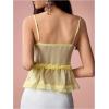 image:imageMakeMeChic Womens V Neck Mesh Cami Top Bow Tie Front Spaghetti Strap Frill Trim Ruffle Hem Camisole TopsYellow