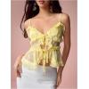 image:imageMakeMeChic Womens V Neck Mesh Cami Top Bow Tie Front Spaghetti Strap Frill Trim Ruffle Hem Camisole TopsYellow