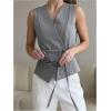 image:imageMakeMeChic Womens Wrap Blouse Vest Sleeveless Blazer Tie V Neck Belted Elegant Office Shirt TopsGrey