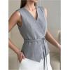 image:imageMakeMeChic Womens Wrap Blouse Vest Sleeveless Blazer Tie V Neck Belted Elegant Office Shirt TopsGrey