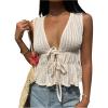 image:imageMakeMeChic Womens Deep V Neck Tie Front Tops Ruffle Bow Going Out Tops Crop VestApricot