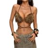 image:imageMakeMeChic Womens Faux Fur Bra Top Furry Halter Backless Crop Tops Criss Cross Tank Top Rave Party ClubwearBrown