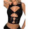 image:imageMakeMeChic Womens Floral Lace Crew Neck Tank Mesh Cut Out Sleeveless Club Crop TopsBlack