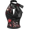 image:imageMakeMeChic Womens Floral Print Satin Halter Tops Shirred Knot Draped Summer ShirtBlack