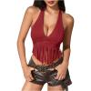 image:imageMakeMeChic Womens Fringe Rodeo Faux Suede Halter Tops Tie Backless Sleeveless Western Cowgirl Concert OutfitsRed