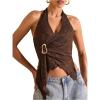 image:imageMakeMeChic Womens Halter Top Tie Backless Metal Ring Draped Ruched Lettuce Trim Rave Crop TopsBrown