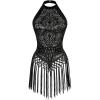 image:imageMakeMeChic Womens Halter Tops Tassel Hem Sleeveless Mesh Sheer Country Concert Tank TopsBlack