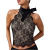 image:imageMakeMeChic Womens Lace Halter Top Open Back Bow Mock Neck Elegant Crop TopsBlack