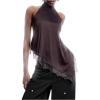 image:imageMakeMeChic Womens Lace Halter Tops Asymmetrical Backless Satin Sleeveless Going Out Tank TopCoffee Brown