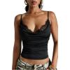 image:imageMakeMeChic Womens Lace Trim Cami Top Cowl Neck Spaghetti Strap Fitted Y2k Party TopsBlack