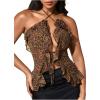 image:imageMakeMeChic Womens Leopard Print Ruffle Trim Halter Criss Cross Tie Summer Shirt Crop TopsBrown