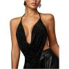 image:imageMakeMeChic Womens Mesh Open Back Halter Tops Rhinestone Sparkly Draped Camisole TopBlack
