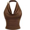 image:imageMakeMeChic Womens Metallic 3D Floral Halter Top Ruched Sleeveless Draped Summer Y2K Crop TopsBrown
