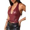 image:imageMakeMeChic Womens PU Leather Lace Up Halter Tops Backless Split Hem Y2K Going Out TopBurgundy