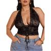 image:imageMakeMeChic Womens Plus Size Lace Sheer Halter Crop Tops Deep V Neck Open Back Lace Up Party Corset TopsBlack