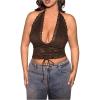 image:imageMakeMeChic Womens Plus Size Lace Sheer Halter Crop Tops Deep V Neck Open Back Lace Up Party Corset TopsCoffee Brown