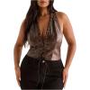 image:imageMakeMeChic Womens Plus Size PU Leather Halter Crop Tops Lace Up Backless Party Club TopBrown