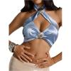 image:imageMakeMeChic Womens Satin Cut Out Halter Top Shell Criss Cross Tie Back Elegant Summer Crop TopsBlue