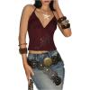 image:imageMakeMeChic Womens Sequin Halter Tops Sheer Open Back Floral Going Out TopsBurgundy