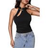 image:imageMakeMeChic Womens Sleeveless Halter Tops Mock Neck Metal Buckle Cheongsam TopsBlack