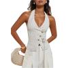 image:imageMakeMeChic Womens Striped Halter Crop Top Wrap Button Down Backless Summer Vest Tank TopsBeige