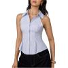 image:imageMakeMeChic Womens Striped Print Blouse Top Ruffle Hem Notched V Neck Causal Sleeveless Button Down ShirtsBlue