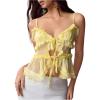 image:imageMakeMeChic Womens V Neck Mesh Cami Top Bow Tie Front Spaghetti Strap Frill Trim Ruffle Hem Camisole TopsYellow