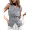 image:imageMakeMeChic Womens Wrap Blouse Vest Sleeveless Blazer Tie V Neck Belted Elegant Office Shirt TopsGrey