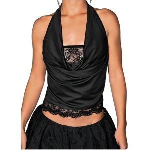 image:imageMAKEMECHIC Womens Floral Lace Halter Crop Tops Draped Backless Party Club TopBlack