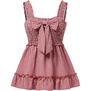 image:imageMAKEMECHIC Womens Plaid Bow Tank Top Square Neck Ruffle Sleeveless Smocked Cute TopsRed