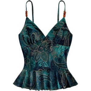image:imageMAKEMECHIC Womens Summer Boho Tops Floral Paisley Print Sleeveless Flared Hem Y2K Going Out TopsMulticolor