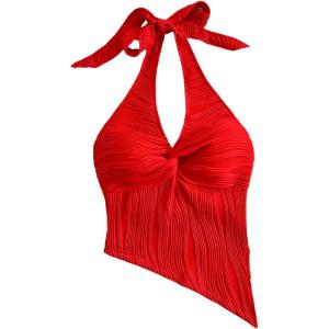 image:imageMAKEMECHIC Womens Y2k Twist Halter Top Asymmetrical Tie Backless Textured Summer TopsRed