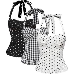 image:imageMakeMeChic Womens 3 Pack Casual Halter Tops Polka Dots Gingham Print Shirred Back Summer Tank TopsMulticolor