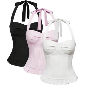 image:imageMakeMeChic Womens 3 Pack Casual Halter Tops Polka Dots Gingham Print Shirred Back Summer Tank TopsMulticolor B