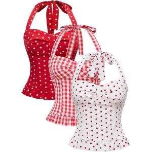 image:imageMakeMeChic Womens 3 Pack Casual Halter Tops Polka Dots Gingham Print Shirred Back Summer Tank TopsMulticolor C