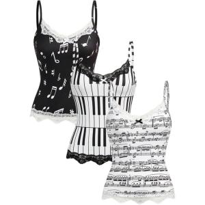 image:imageMakeMeChic Womens 3 Pack Lace Trim Camisole Musical Graphic V Neck Spaghetti Strap Sleeveless Y2k TopsBlack and White