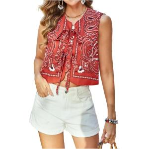 image:imageMakeMeChic Womens Boho Crop Tie Front Top Paisley Bow Sleeveless Western TopRed